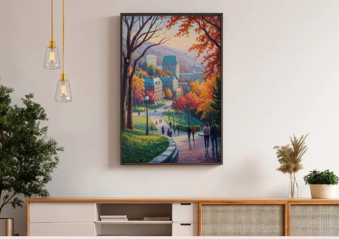 McGill University Montreal canvas wall art above a wooden sideboard under pendant lights
