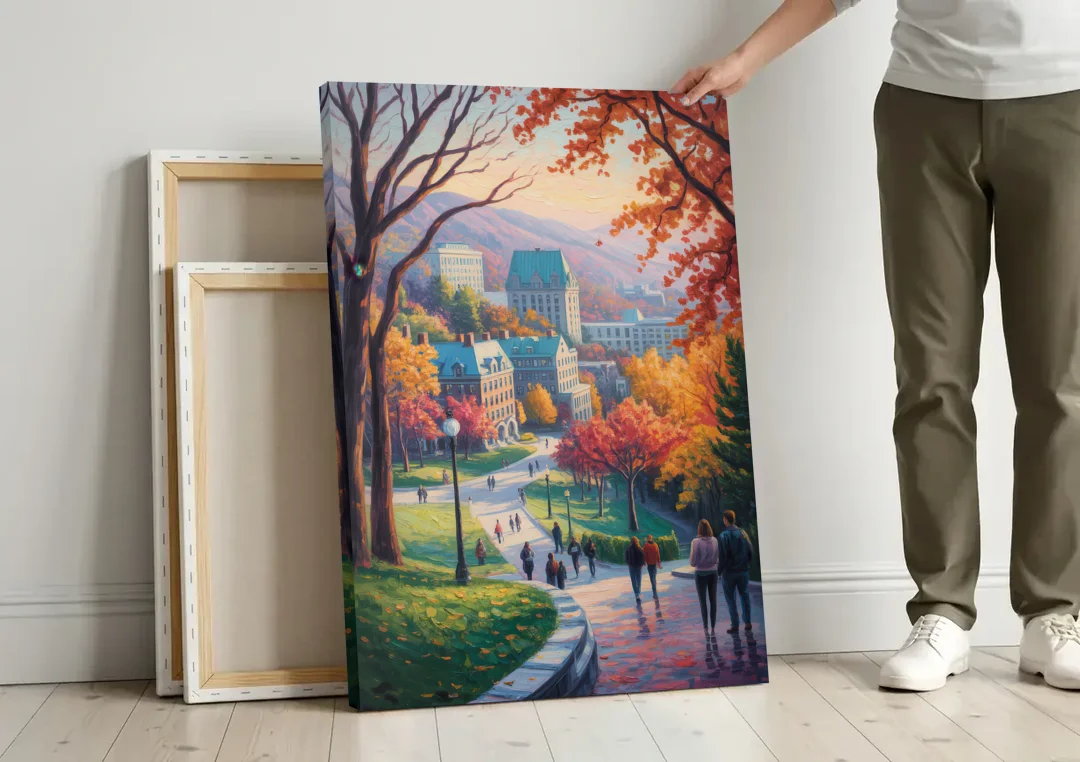 McGill University Montreal canvas wall art leaning against a wall next to blank canvases