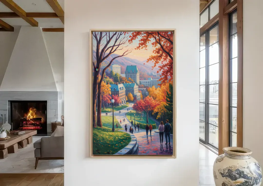 McGill University Montreal canvas wall art in a living room with a fireplace