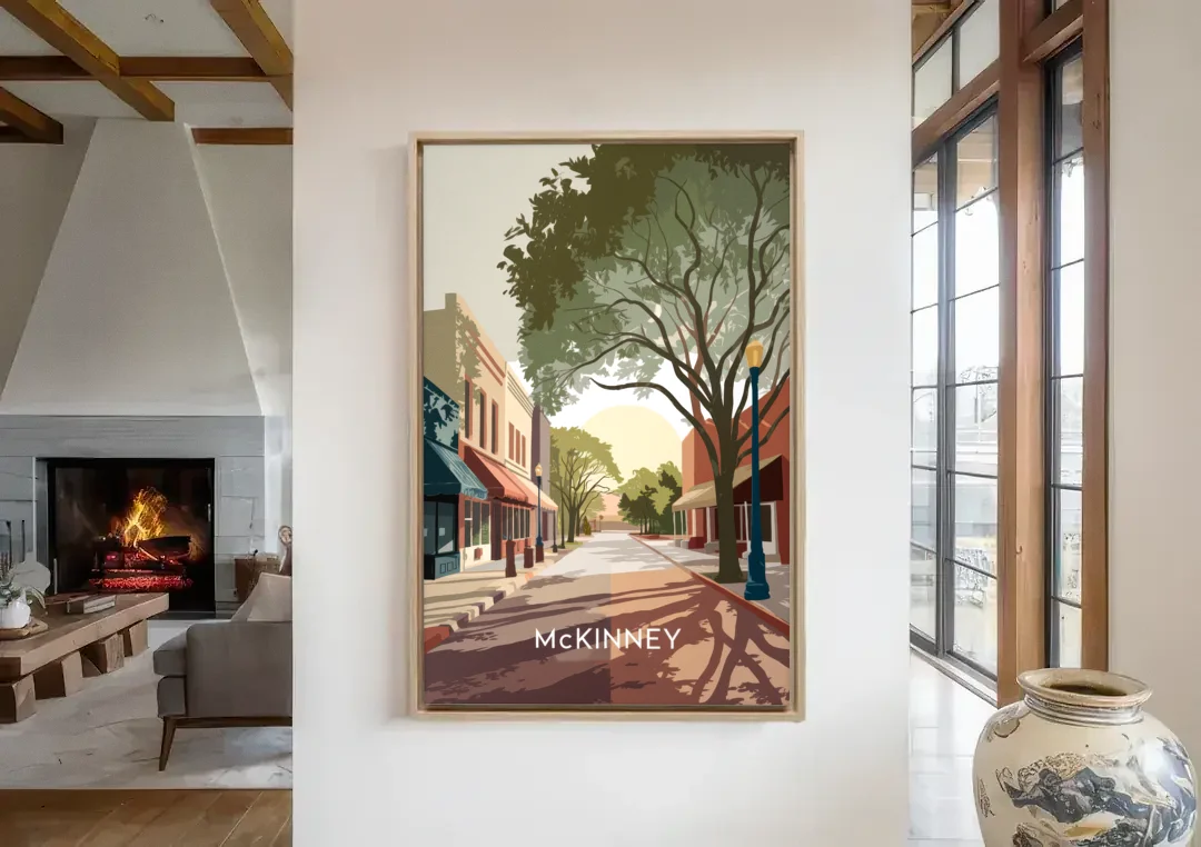 McKinney Artistic Heritage canvas wall art in a living room with a fireplace