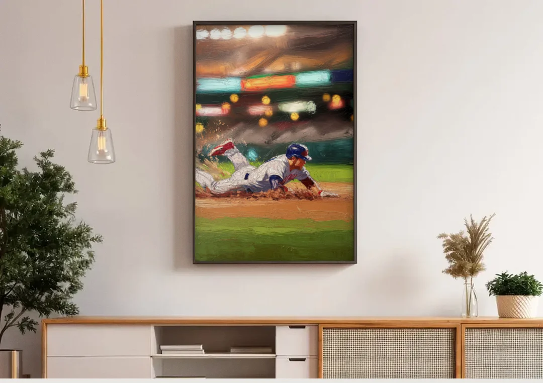 McKinney Baseball Spirit canvas wall art above a wooden sideboard under pendant lights
