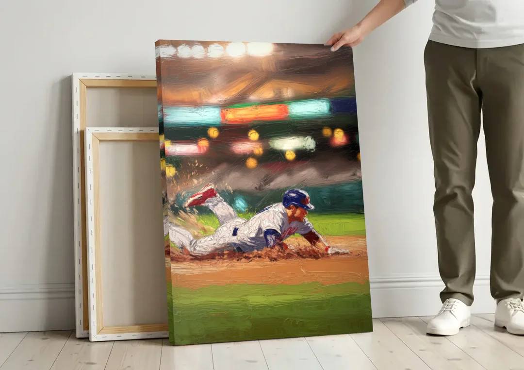 McKinney Baseball Spirit canvas wall art leaning against a wall next to blank canvases
