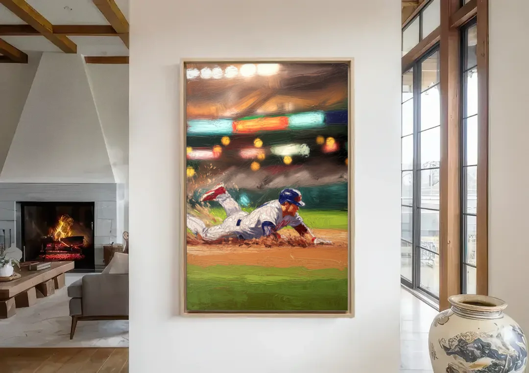 McKinney Baseball Spirit canvas wall art in a living room with a fireplace