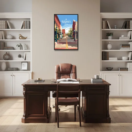 McKinney Downtown Streetscape - Black Framed Canvas Wall Art - Office - 24x36