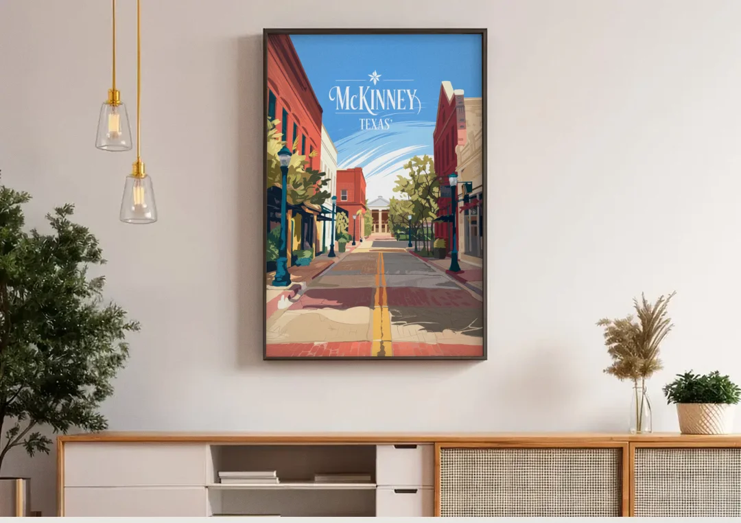 McKinney Downtown Streetscape canvas wall art above a wooden sideboard under pendant lights