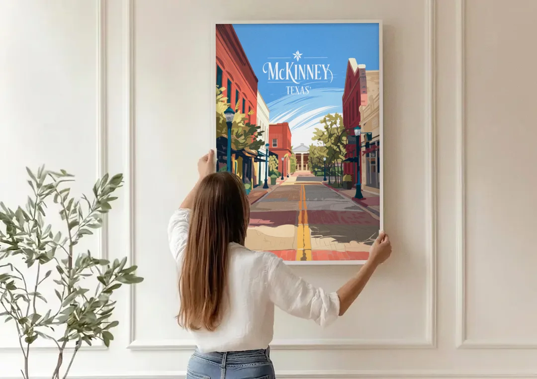 McKinney Downtown Streetscape canvas wall art being hung on a paneled wall