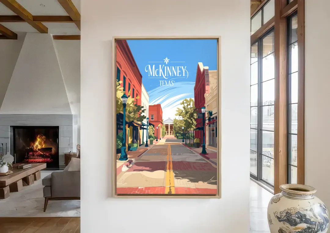 McKinney Downtown Streetscape canvas wall art in a living room with a fireplace