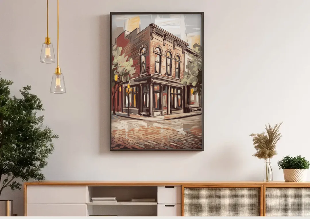 McKinney Historic Architecture canvas wall art above a wooden sideboard under pendant lights