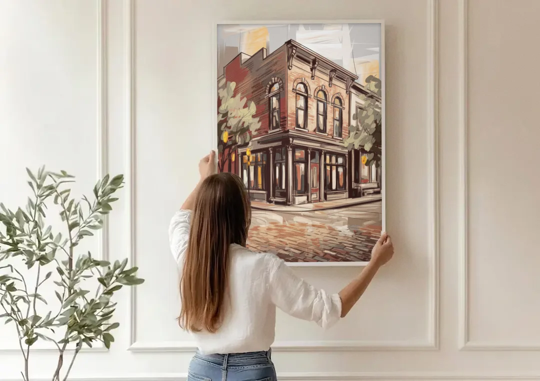 McKinney Historic Architecture canvas wall art being hung on a paneled wall