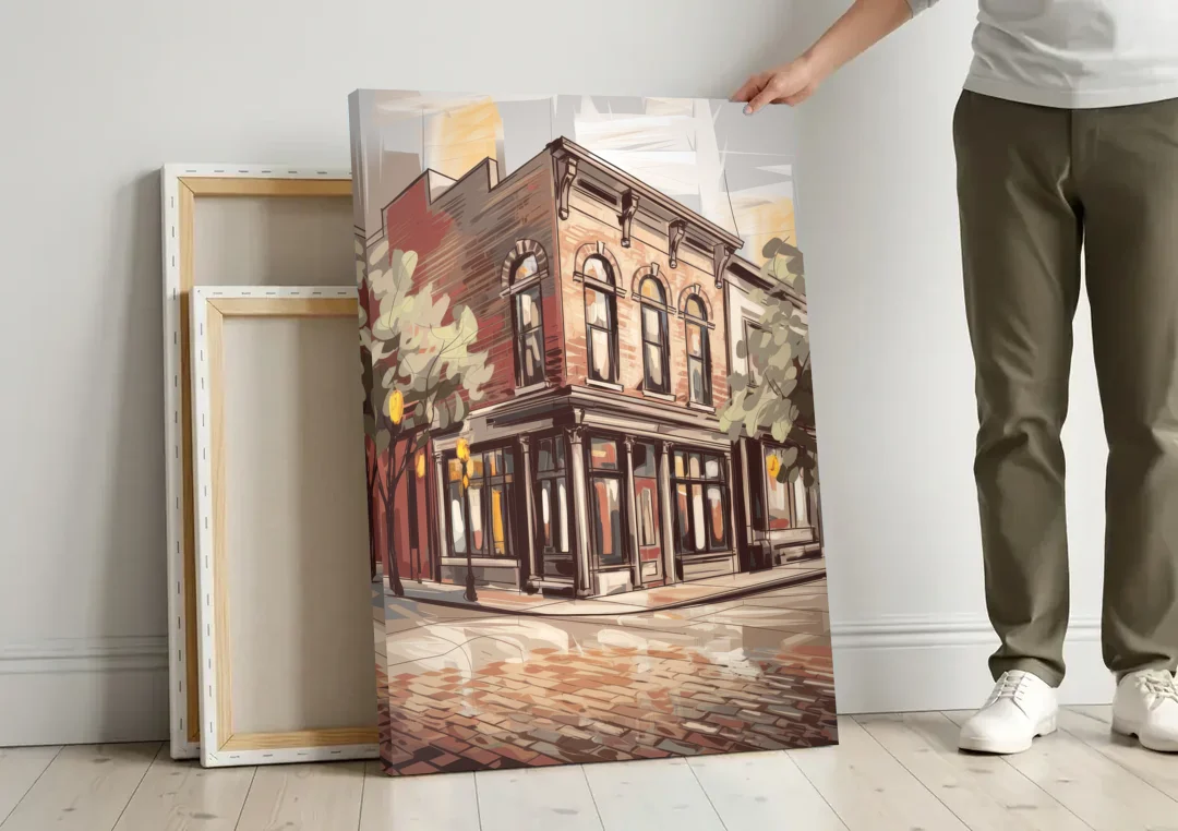 McKinney Historic Architecture canvas wall art leaning against a wall next to blank canvases