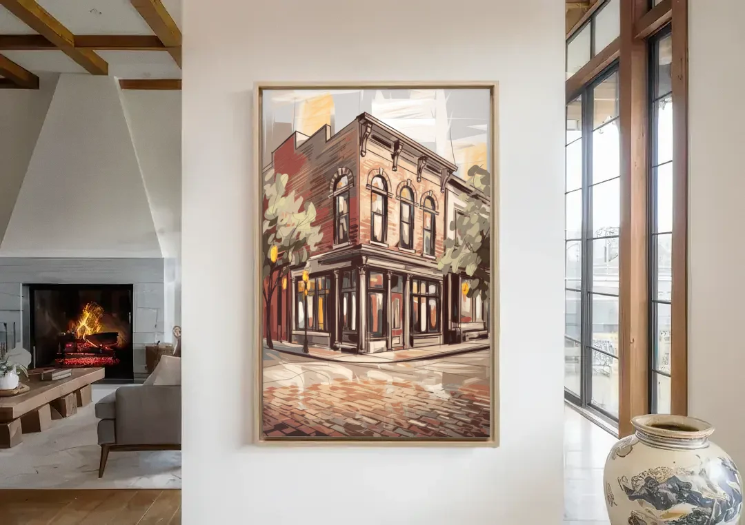 McKinney Historic Architecture canvas wall art in a living room with a fireplace