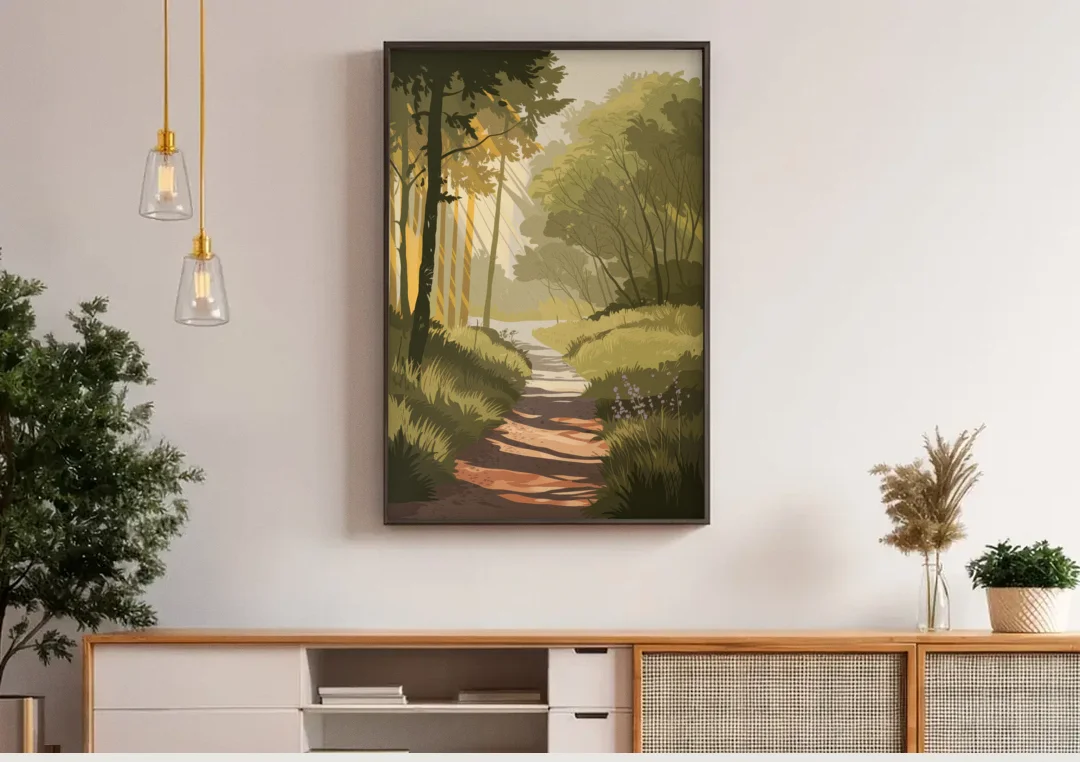 McKinney Nature Trails canvas wall art above a wooden sideboard under pendant lights