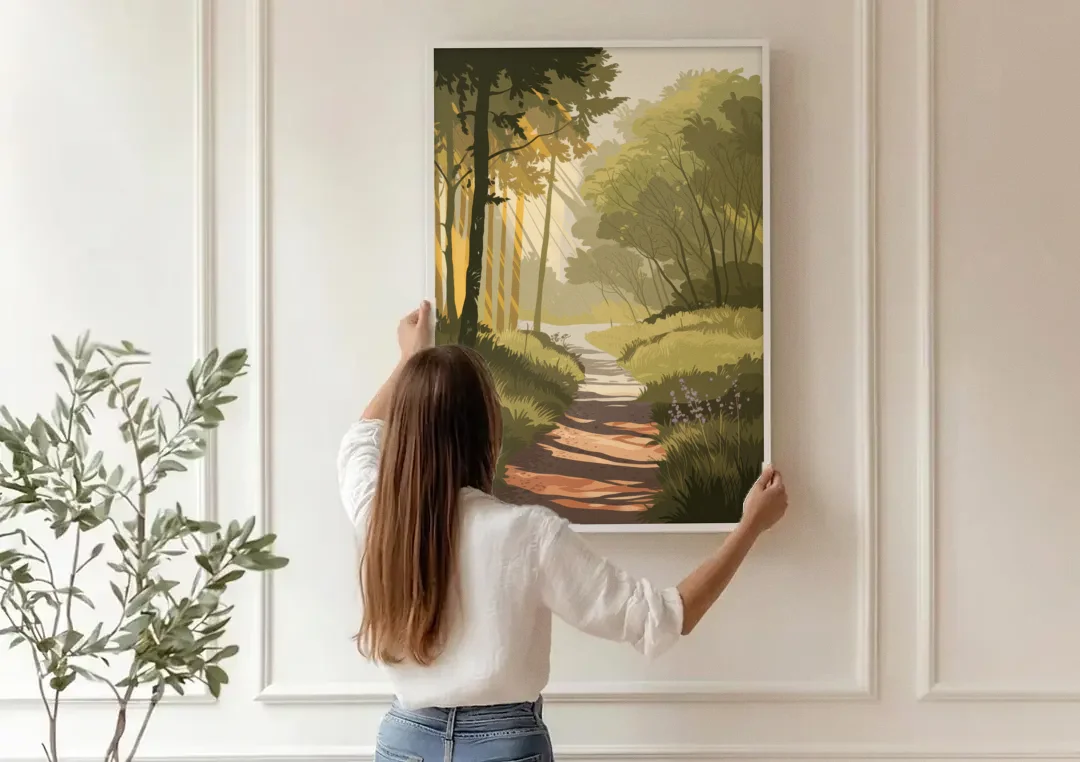 McKinney Nature Trails canvas wall art being hung on a paneled wall