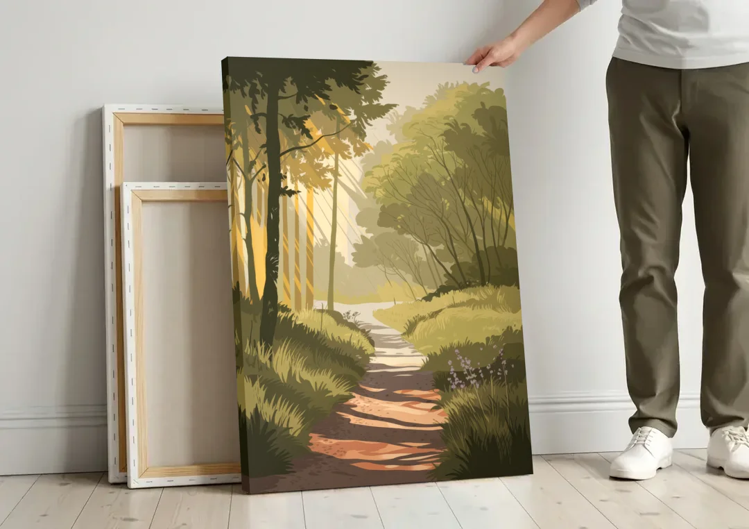 McKinney Nature Trails canvas wall art leaning against a wall next to blank canvases
