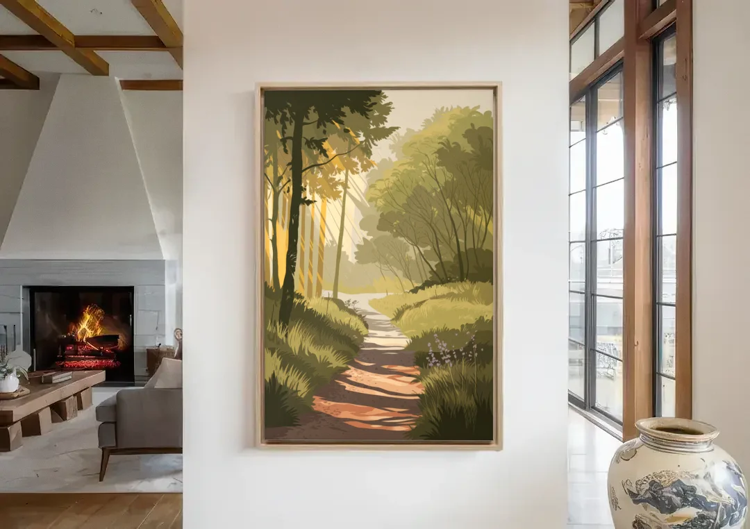 McKinney Nature Trails canvas wall art in a living room with a fireplace
