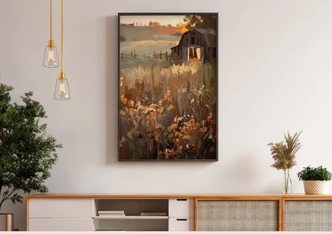 McKinney Rustic Charm canvas wall art above a wooden sideboard under pendant lights