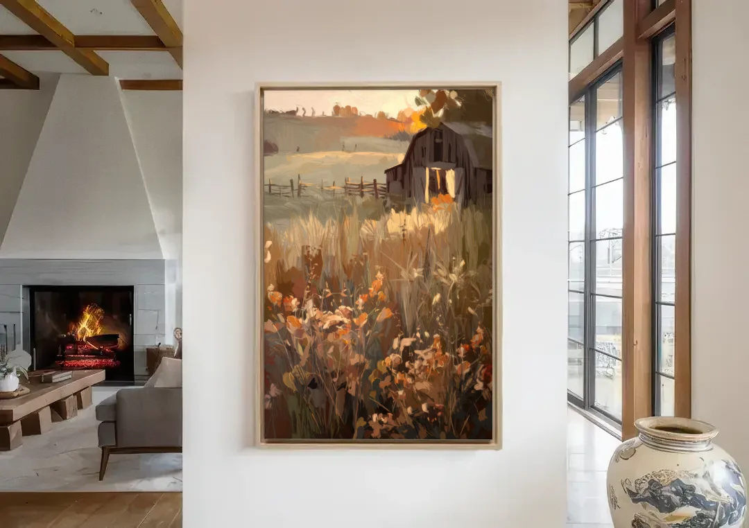 McKinney Rustic Charm canvas wall art in a living room with a fireplace