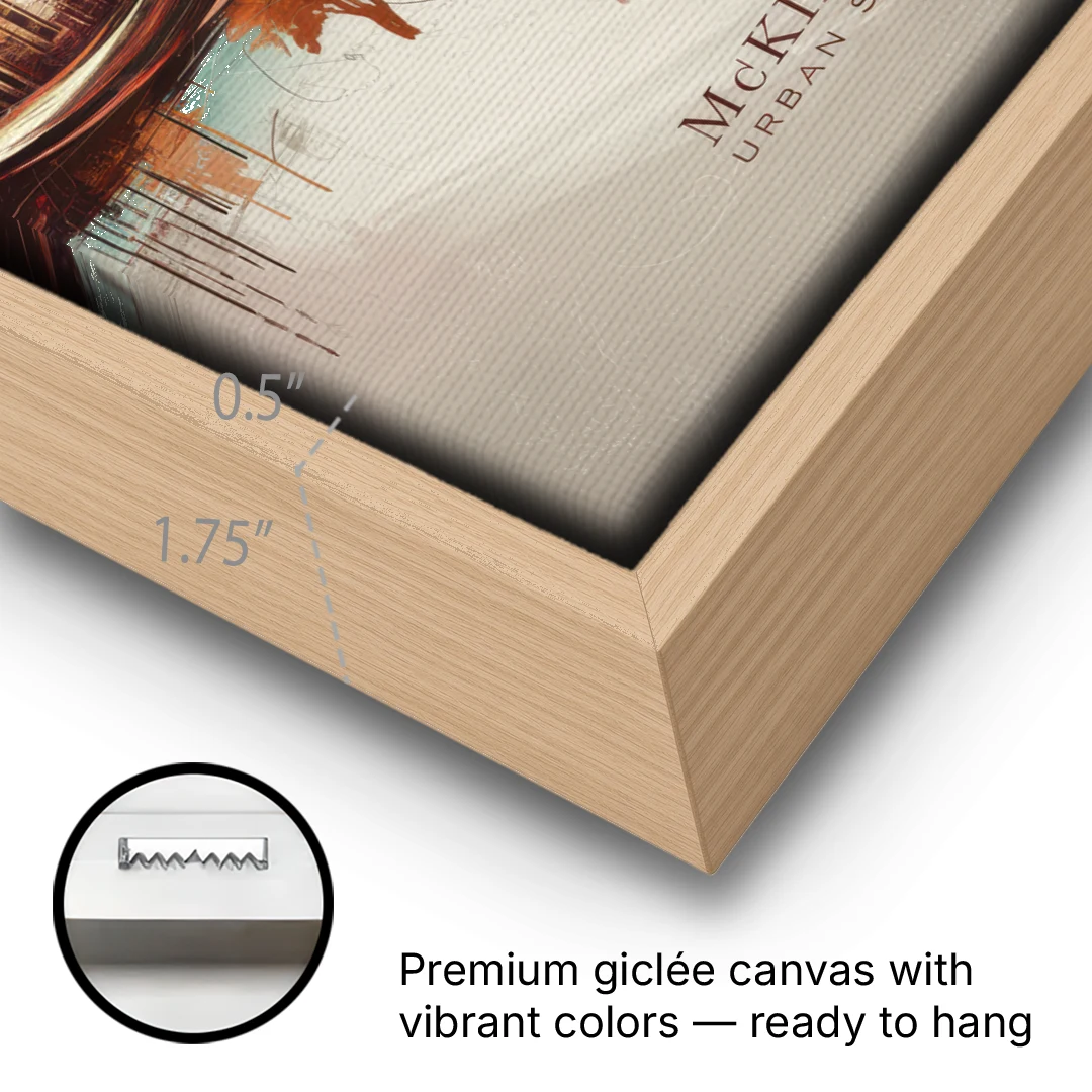 McKinney Urban Skyline - Oak Framed Canvas Wall Art - Gallery Wrap Corner