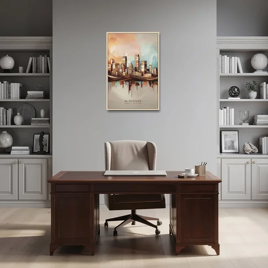 McKinney Urban Skyline - Oak Framed Canvas Wall Art - Office - 24x36
