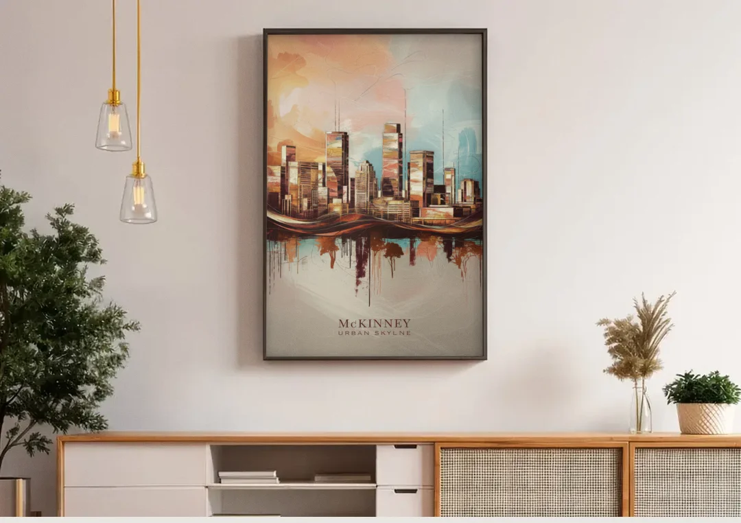 McKinney Urban Skyline canvas wall art above a wooden sideboard under pendant lights