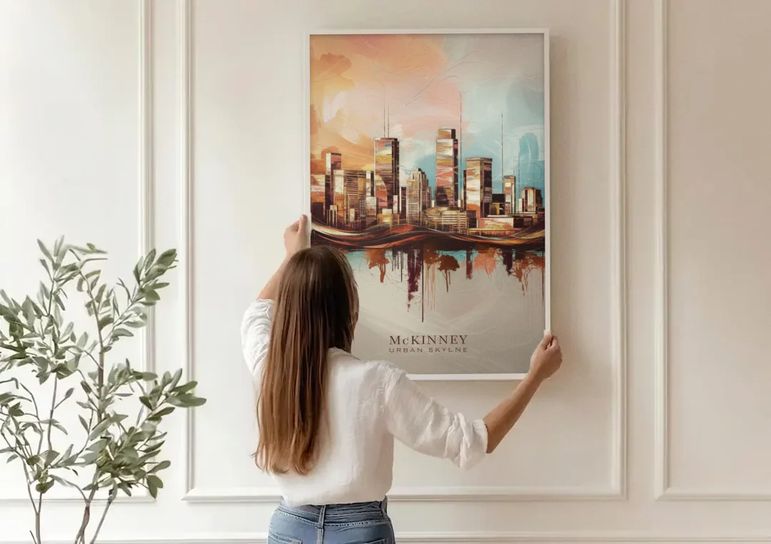McKinney Urban Skyline canvas wall art being hung on a paneled wall