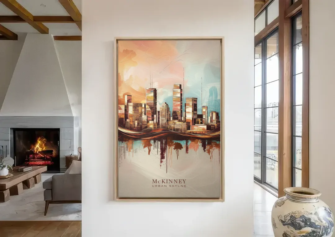 McKinney Urban Skyline canvas wall art in a living room with a fireplace