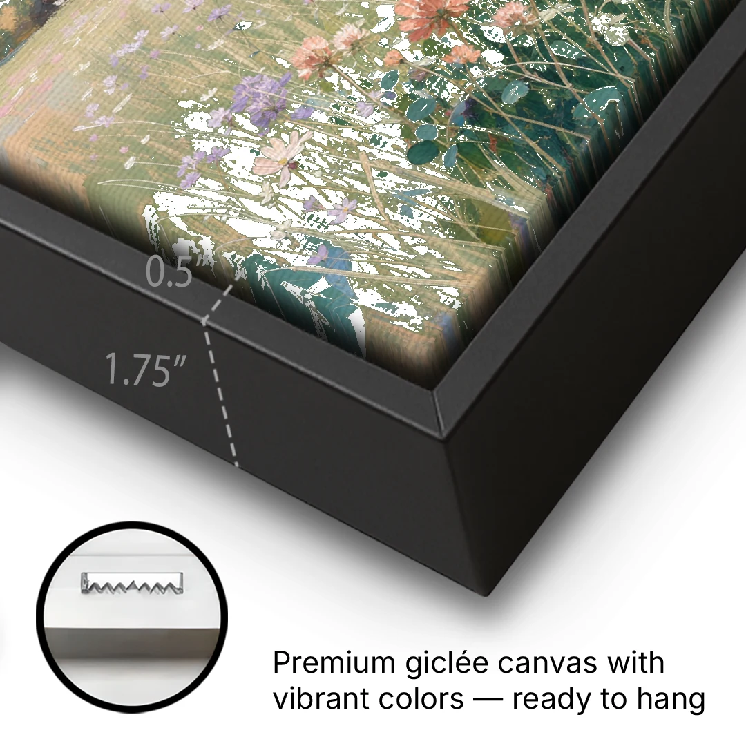 Meadow Landscape Painting with Coral Wildflowers - Black Framed Canvas Wall Art - Gallery Wrap Corner