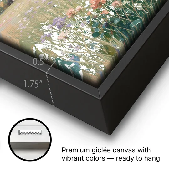Meadow Landscape Painting with Coral Wildflowers - Black Framed Canvas Wall Art - Gallery Wrap Corner