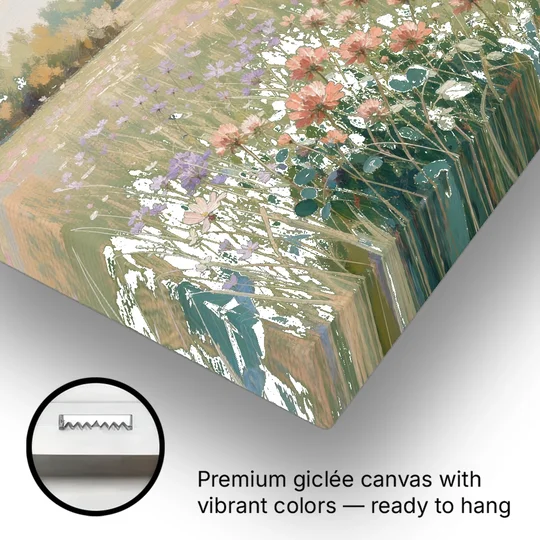 Meadow Landscape Painting with Coral Wildflowers - Canvas Wall Art - Gallery Wrap Corner
