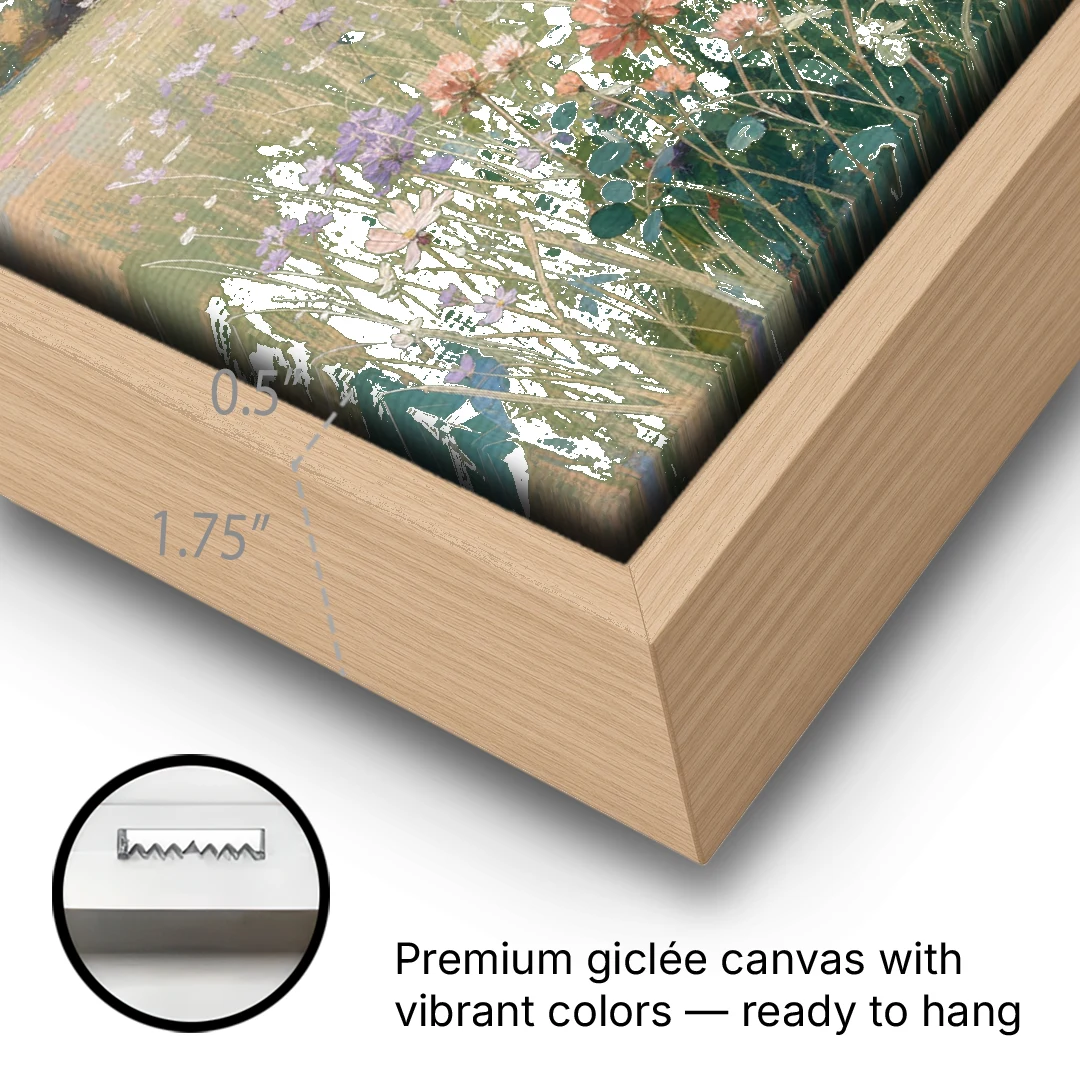 Meadow Landscape Painting with Coral Wildflowers - Oak Framed Canvas Wall Art - Gallery Wrap Corner