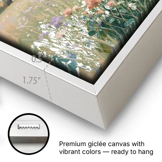 Meadow Landscape Painting with Coral Wildflowers - White Framed Canvas Wall Art - Gallery Wrap Corner