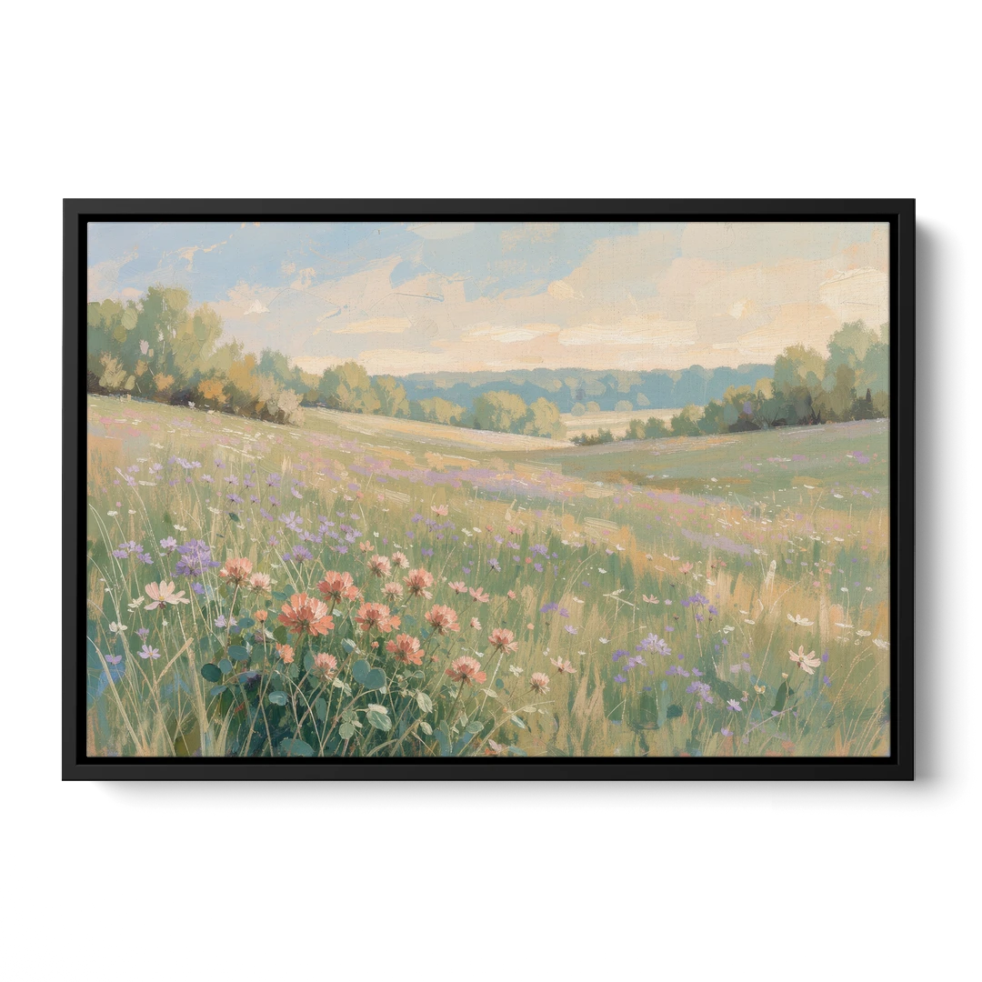Meadow Landscape Painting with Coral Wildflowers - Black Framed Canvas Wall Art - Front