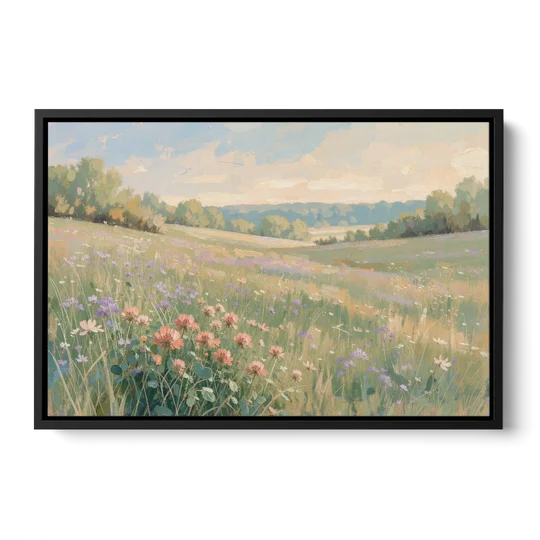 Meadow Landscape Painting with Coral Wildflowers - Black Framed Canvas Wall Art - Front