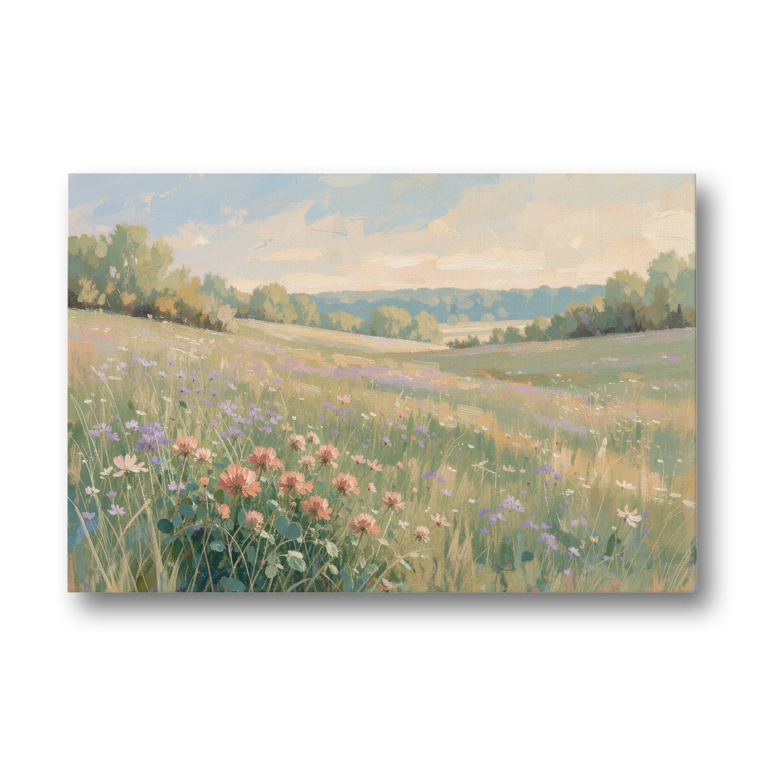 Meadow Landscape Painting with Coral Wildflowers - Canvas Wall Art - Front