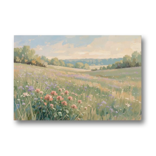 Meadow Landscape Painting with Coral Wildflowers - Canvas Wall Art - Front