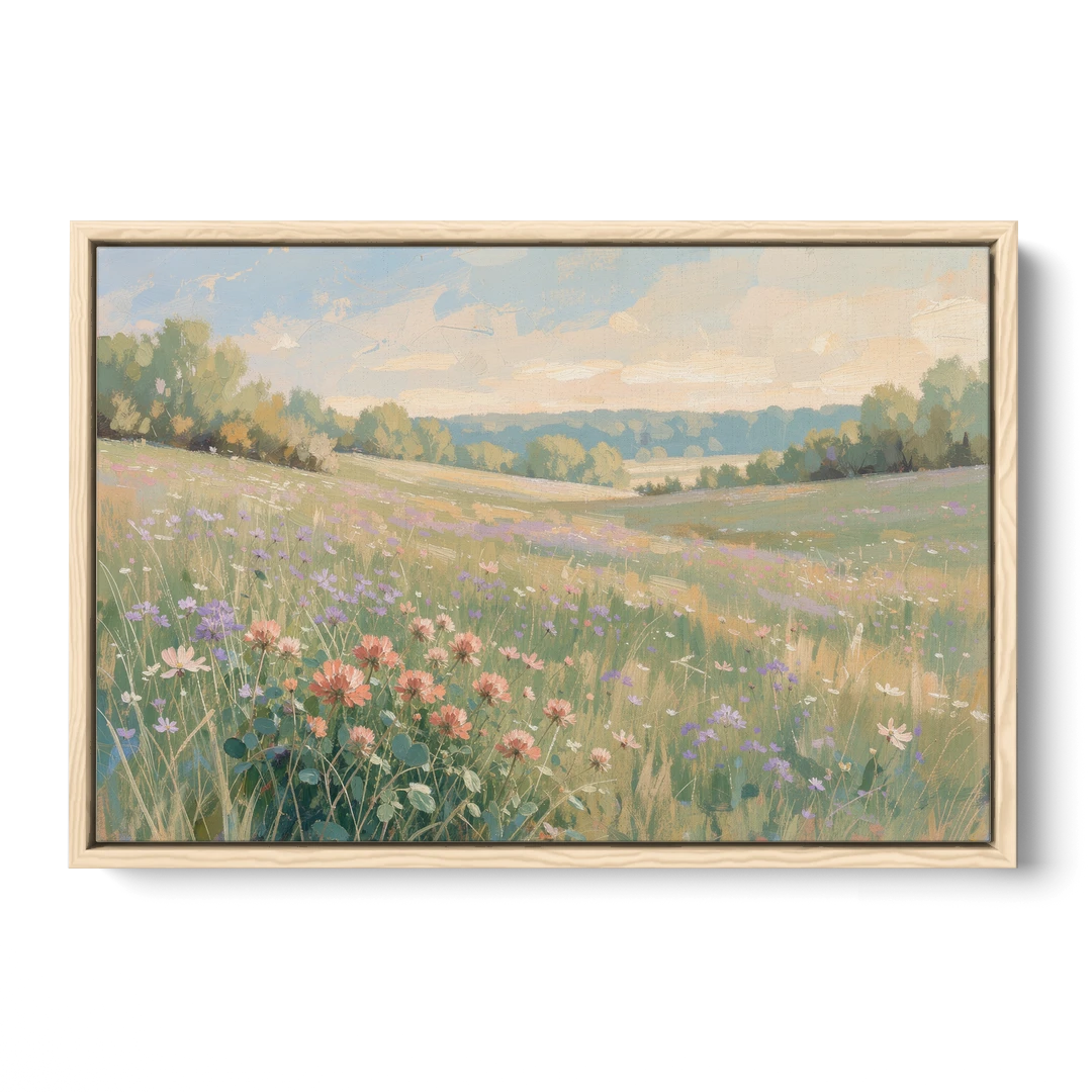 Meadow Landscape Painting with Coral Wildflowers - Oak Framed Canvas Wall Art - Front