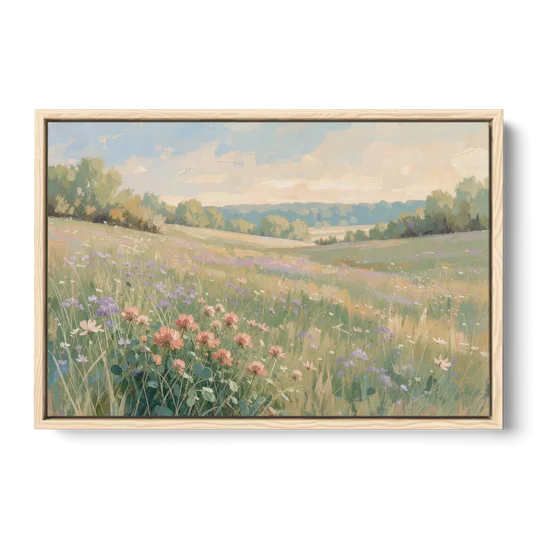 Meadow Landscape Painting with Coral Wildflowers - Oak Framed Canvas Wall Art - Front