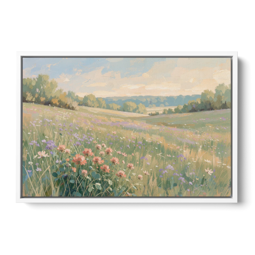 Meadow Landscape Painting with Coral Wildflowers - White Framed Canvas Wall Art - Front