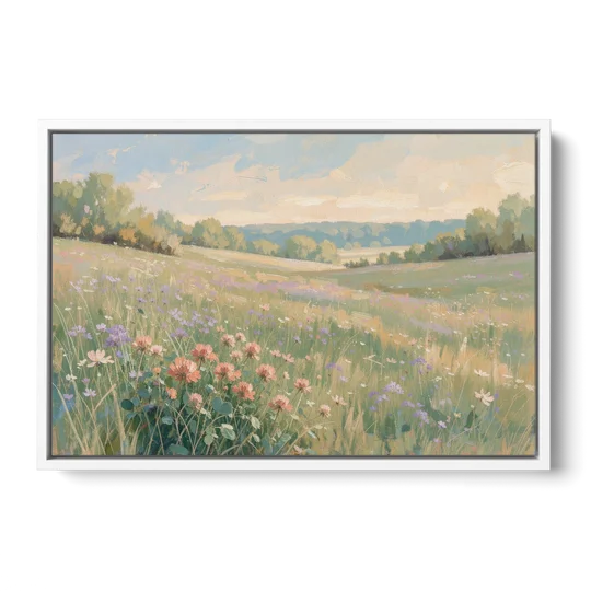 Meadow Landscape Painting with Coral Wildflowers - White Framed Canvas Wall Art - Front