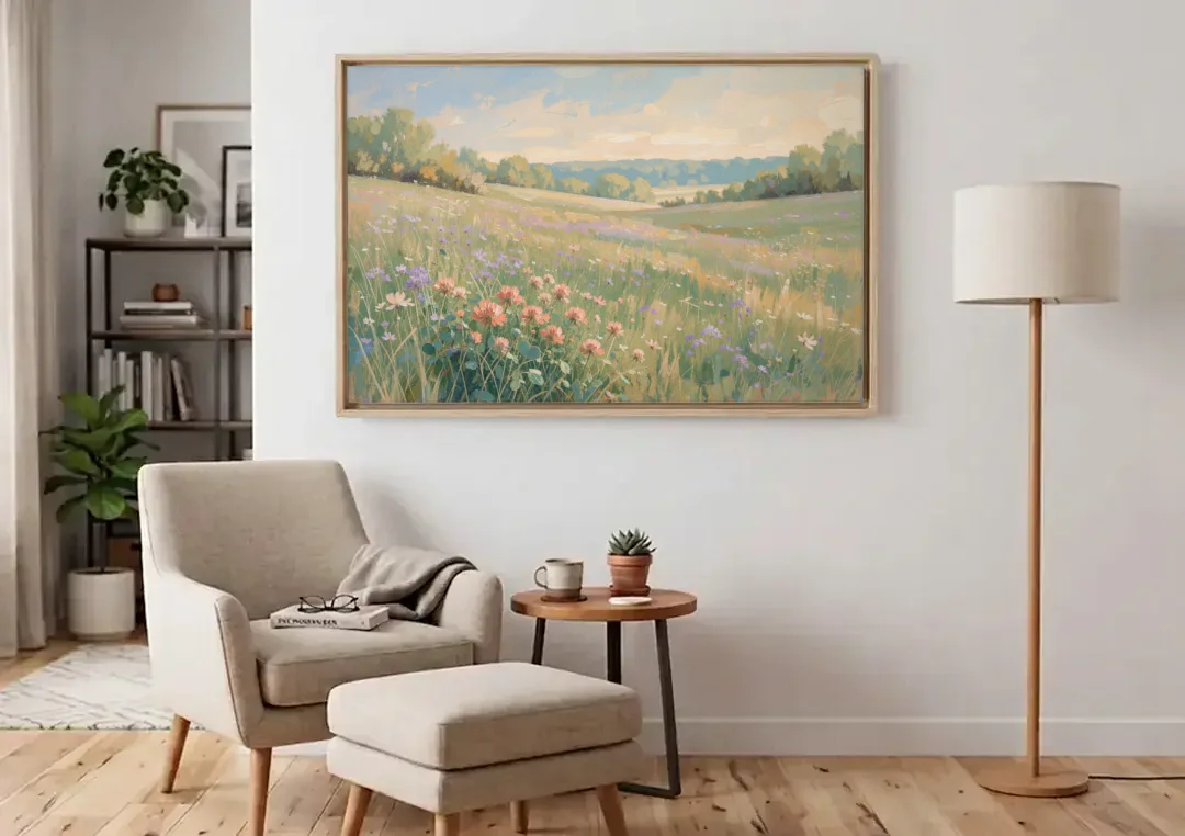 Meadow Landscape Painting with Coral Wildflowers canvas wall art above an armchair in a bright living room