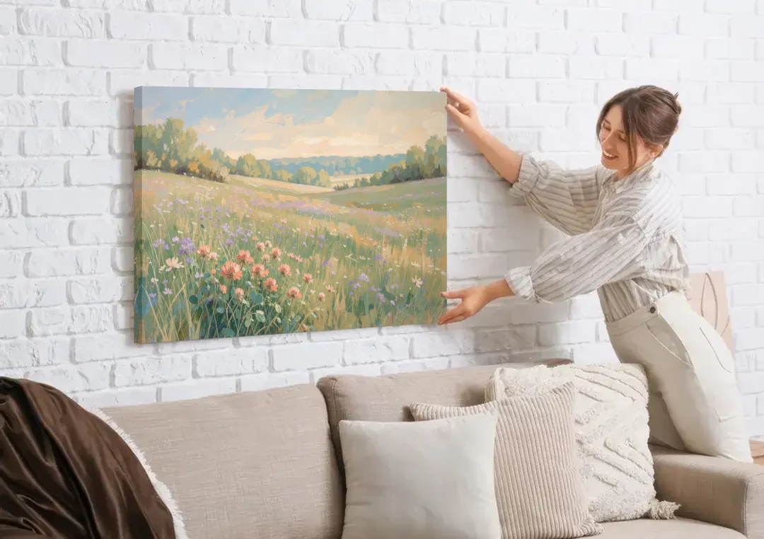 Meadow Landscape Painting with Coral Wildflowers canvas wall art being hung on a white brick wall above a sofa