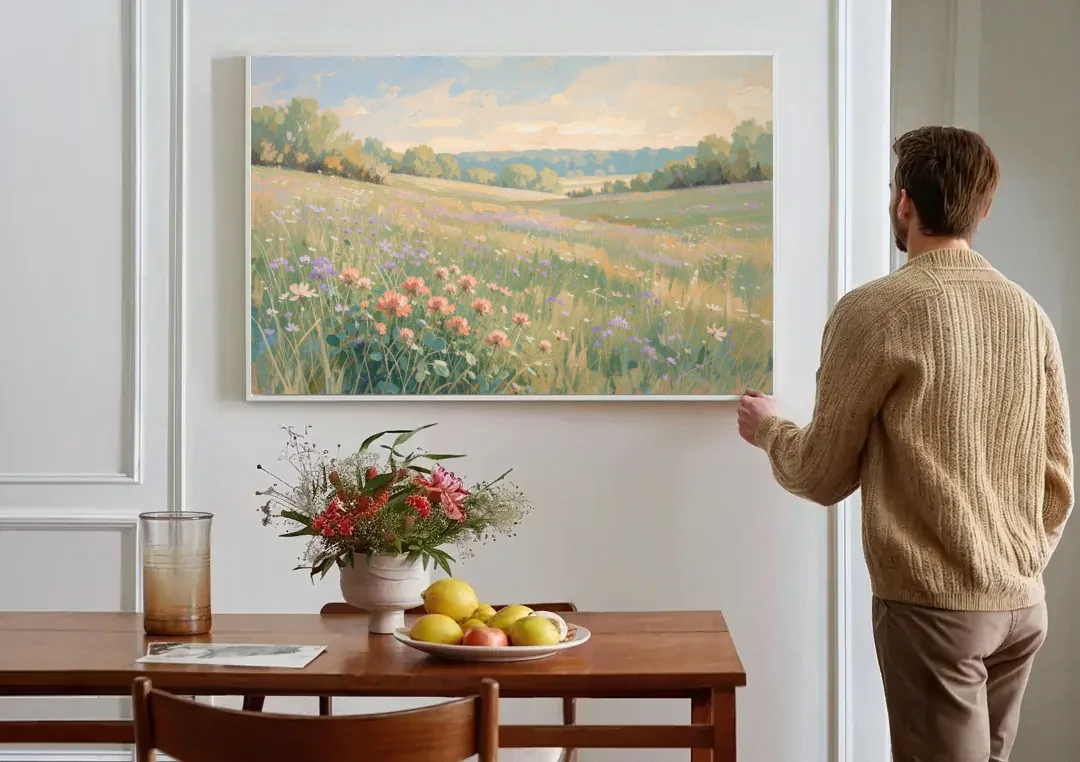 Meadow Landscape Painting with Coral Wildflowers canvas wall art above a dining table