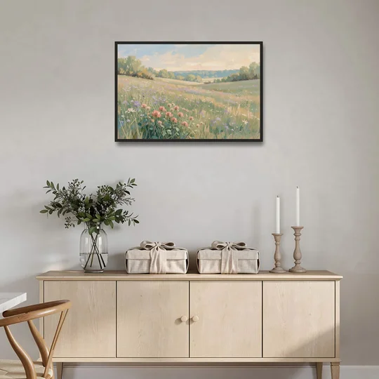 Meadow Landscape Painting with Coral Wildflowers - Black Framed Canvas Wall Art - Coffee Table - 36x24