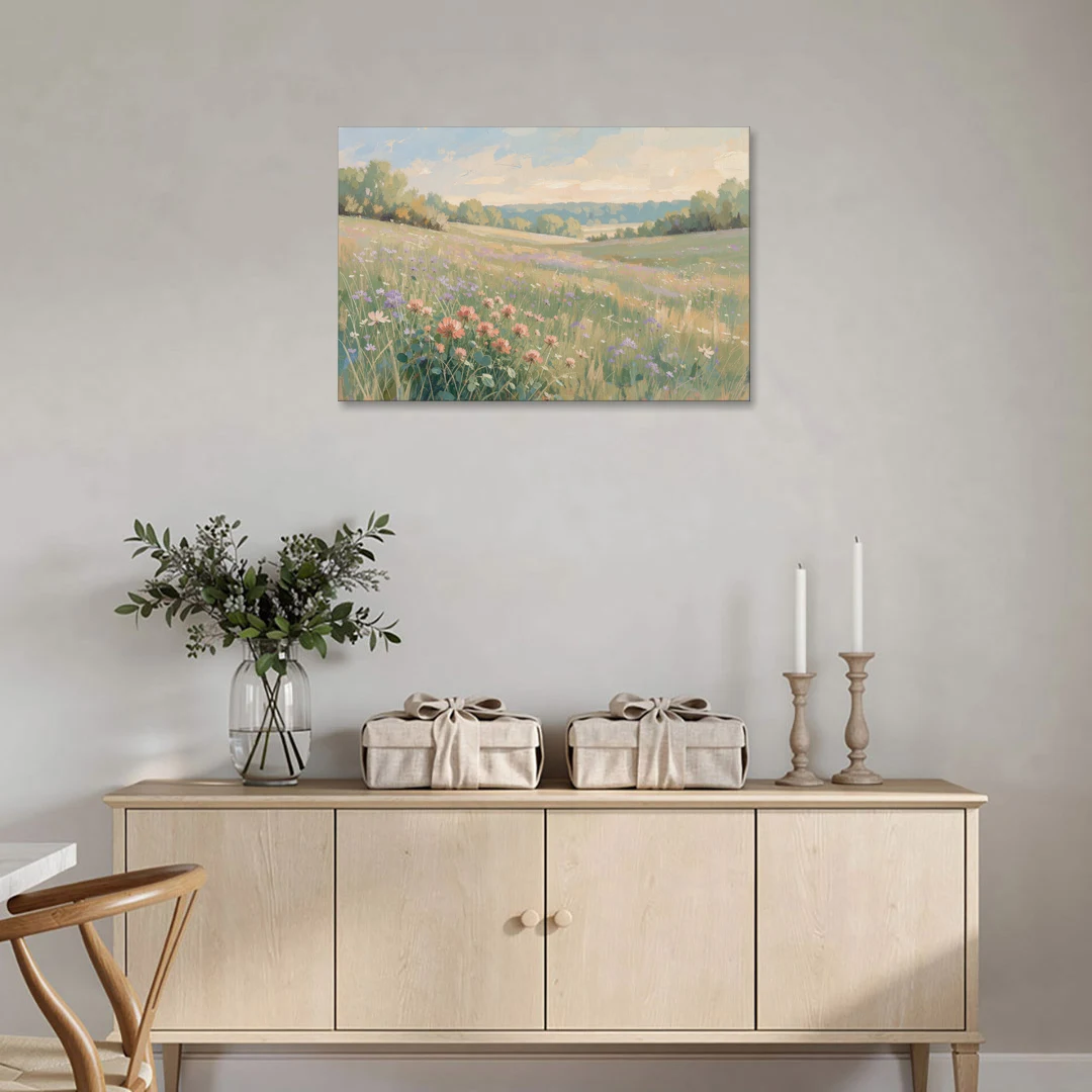 Meadow Landscape Painting with Coral Wildflowers - Canvas Wall Art - Coffee Table - 36x24