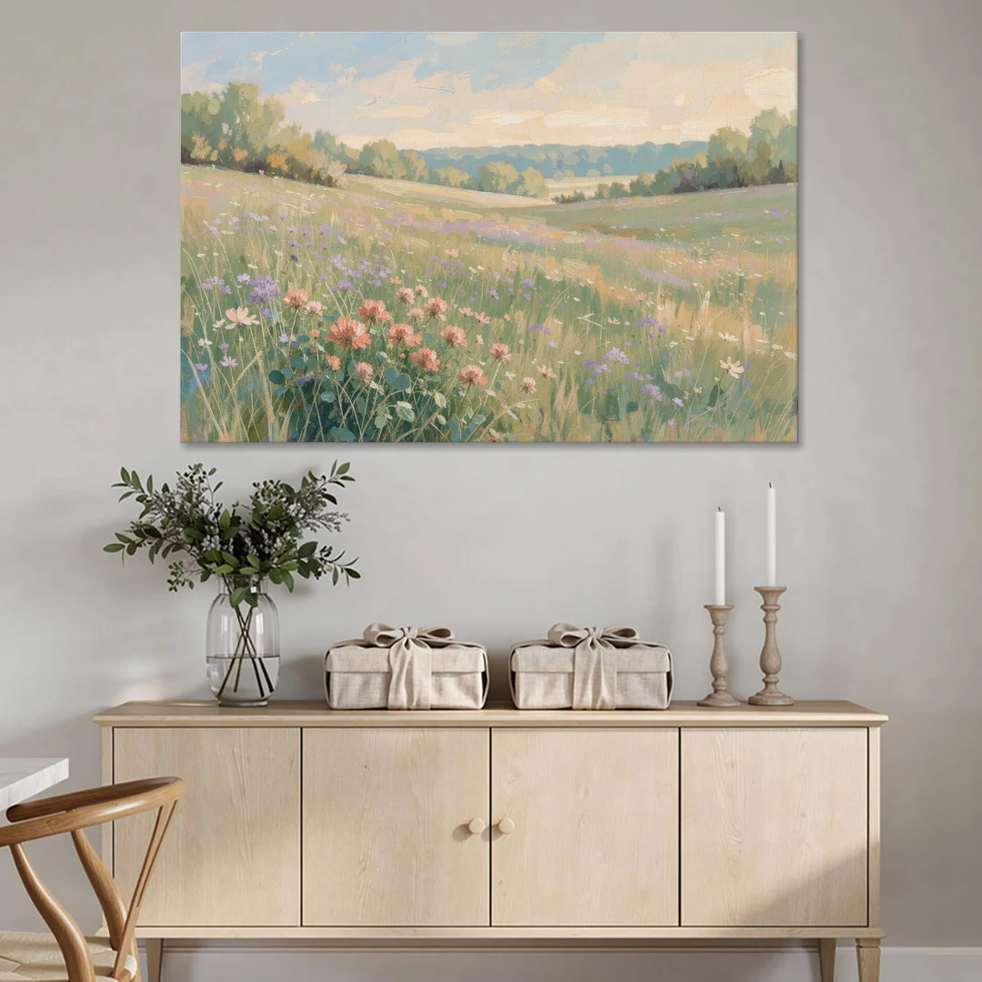 Meadow Landscape Painting with Coral Wildflowers - Canvas Wall Art - Coffee Table - 60x40