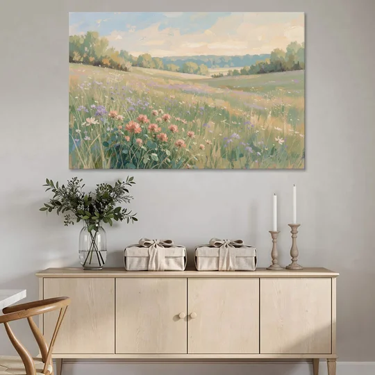 Meadow Landscape Painting with Coral Wildflowers - Canvas Wall Art - Coffee Table - 60x40