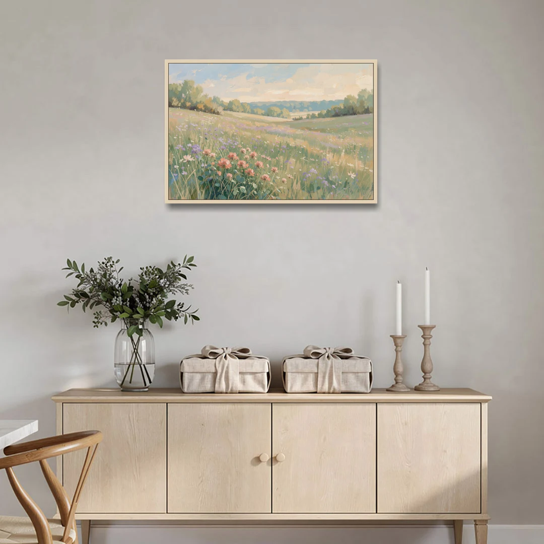 Meadow Landscape Painting with Coral Wildflowers - Oak Framed Canvas Wall Art - Coffee Table - 36x24