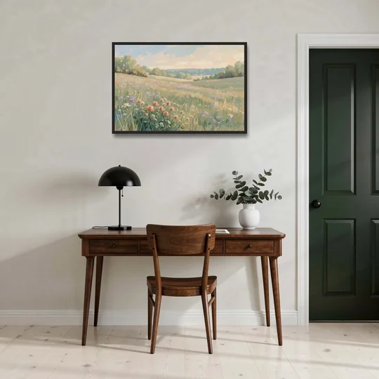 Meadow Landscape Painting with Coral Wildflowers - Black Framed Canvas Wall Art - Office - 36x24