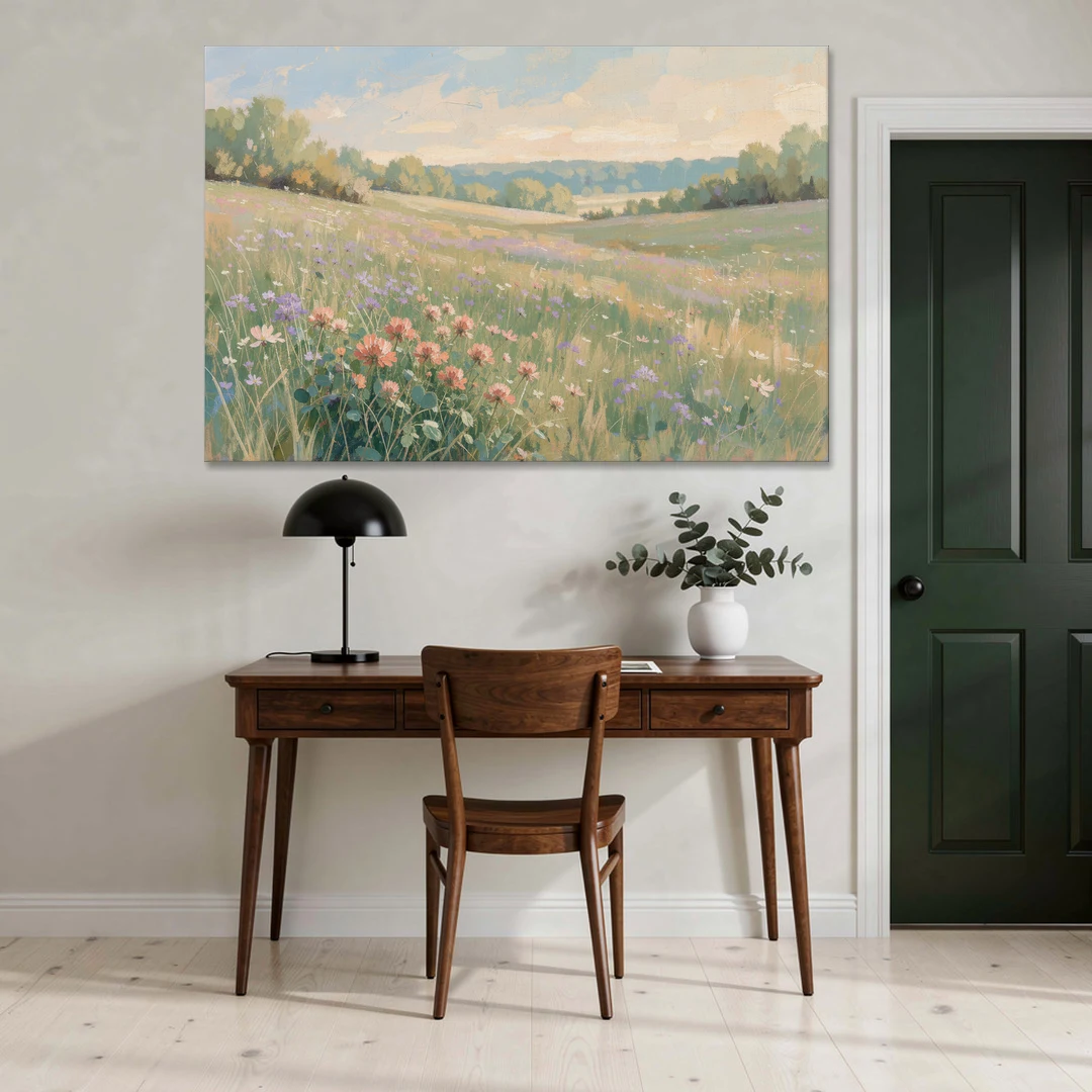Meadow Landscape Painting with Coral Wildflowers - Canvas Wall Art - Office - 60x40