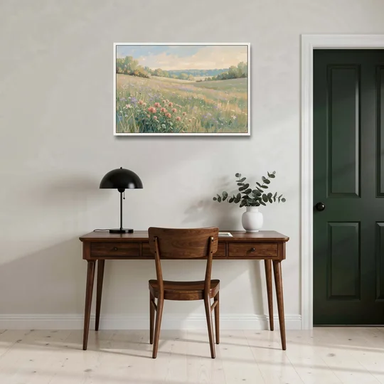 Meadow Landscape Painting with Coral Wildflowers - White Framed Canvas Wall Art - Office - 36x24